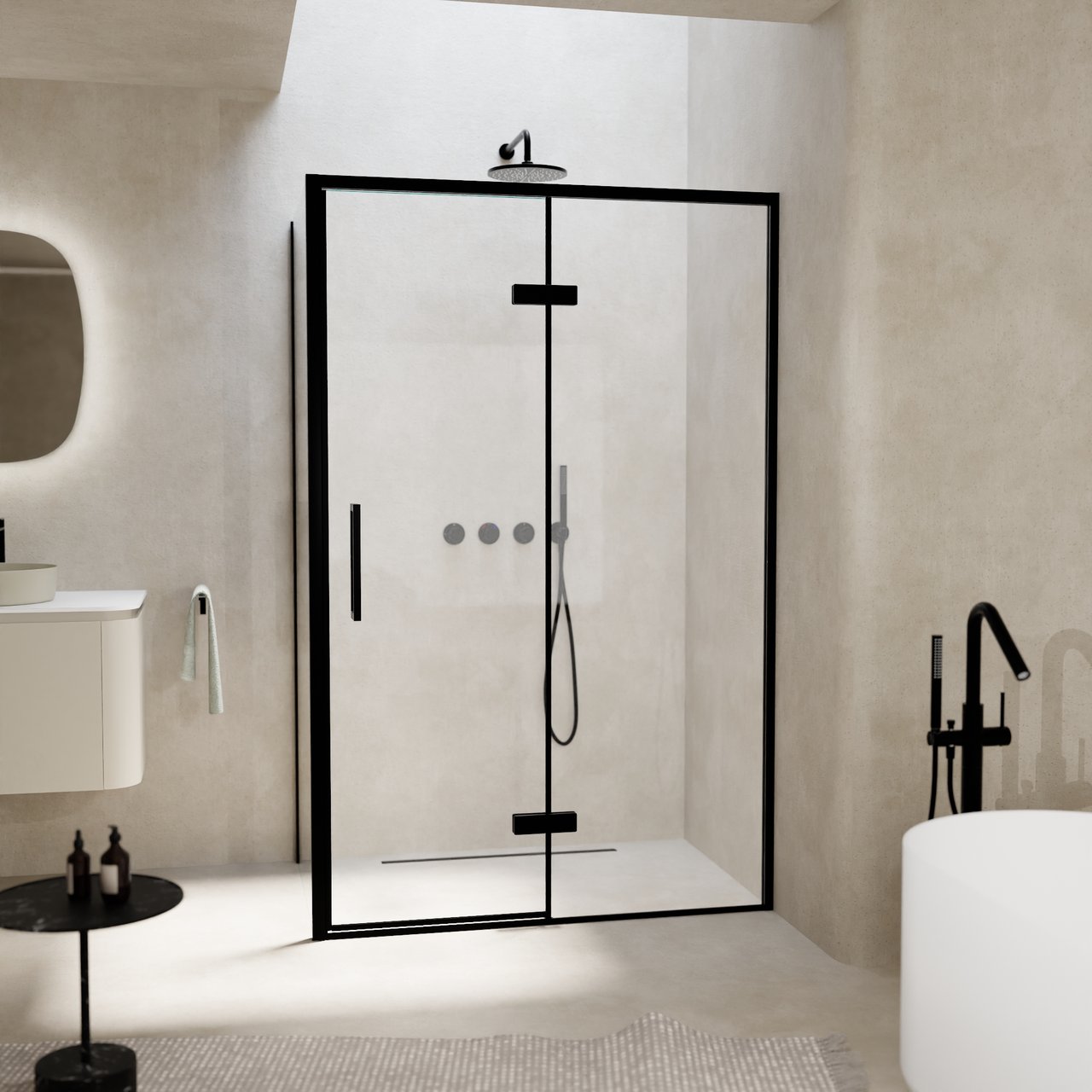 Balmani Senses Design douche en coin avec porte pivotante à droite et paroi latérale fixe, 120 x 90 cm, Verre transparent, Profil noir, coating inclus