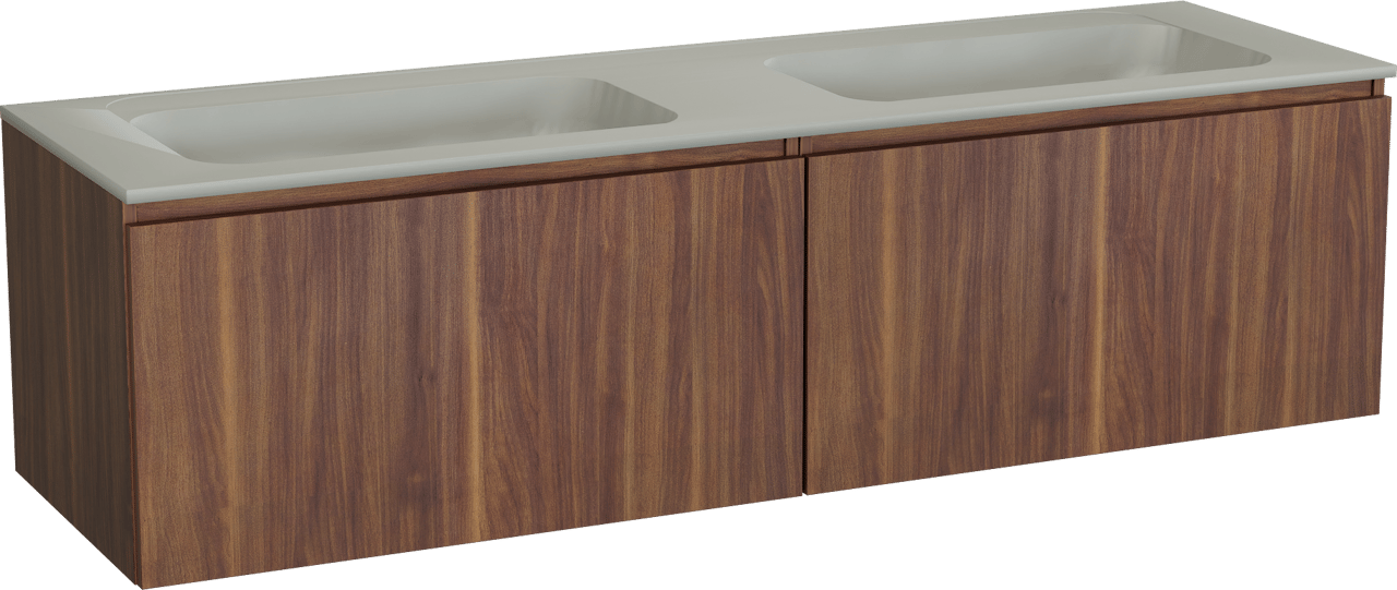 Balmani Sfera zwevend badmeubel 180 x 55 cm amerikaans notenhout met Tablo Strada dubbele wastafel in composietmarmer zijdegrijs