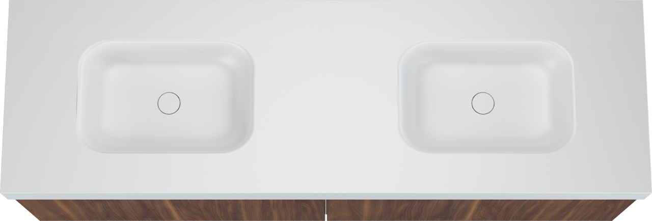 Balmani Sfera zwevend badmeubel 180 x 55 cm amerikaans notenhout met Arcato dubbele wastafel in solid surface mat wit