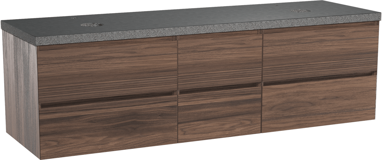 Balmani Mitra zwevend badmeubel 180 x 55 cm notenhout met Rock dubbel wastafelblad in zwart graniet