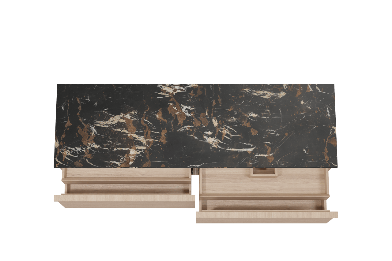 Balmani Forma hängendes Möbelstück Set: 180 x 55 cm, Naturbelassene Eiche, mit Stretto Einzel- oder Doppel Waschtischplatte, Marmor, Portoro Gold, Horizontale symmetrische gerade Rippe