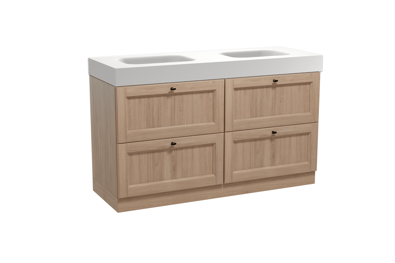 Balmani Lemon freistehendes Möbelstück Set: 150 x 55 cm, Verwitterte Eiche, mit Arcato Doppelwaschtisch, Solid Surface Weiß matt