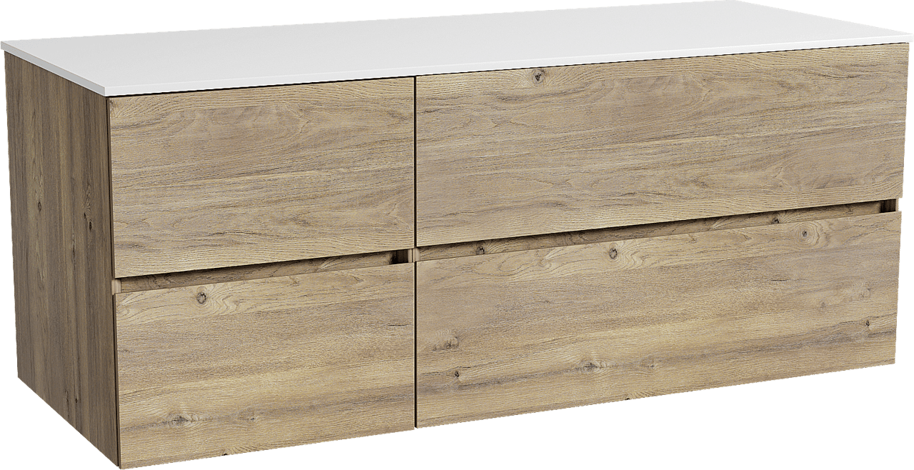 Storke Edge zwevend badmeubel 130 x 52 cm ruw eiken met Tavola enkel of dubbel wastafelblad in solid surface mat wit