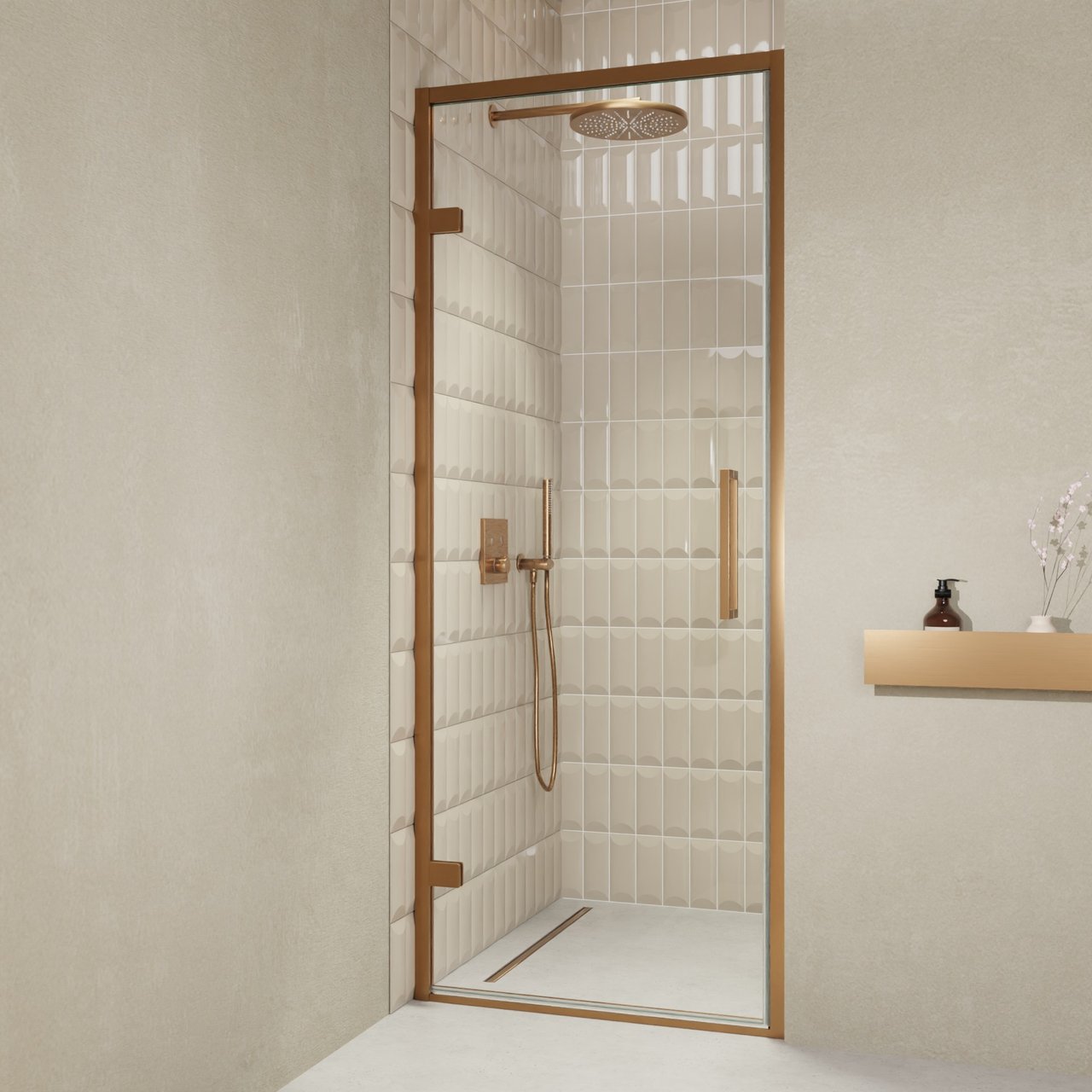 Balmani Senses Design Dusche Drehtür, Links, 90 cm x 210 cm, Klarglas, Profil Brushed Rosegold