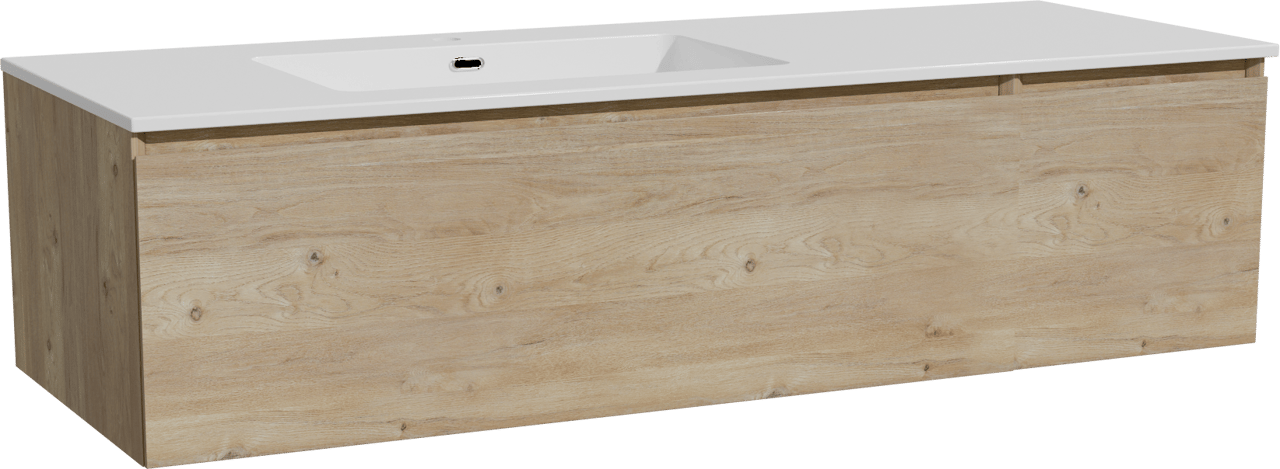 Storke Edge zwevend badkamermeubel 140 x 52 cm ruwe eik met Diva asymmetrisch linkse wastafel in composietmarmer glanzend wit