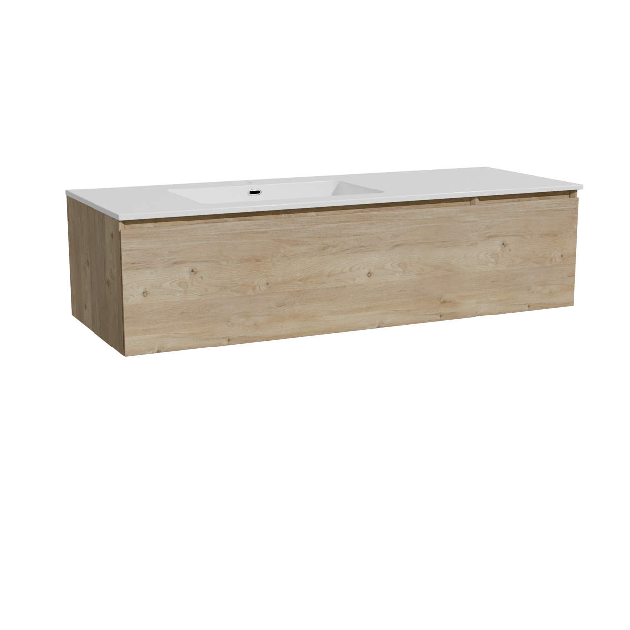 Storke Edge zwevend badmeubel 140 x 52 cm ruw eiken met Diva asymmetrisch linkse wastafel in composietmarmer hoogglans wit