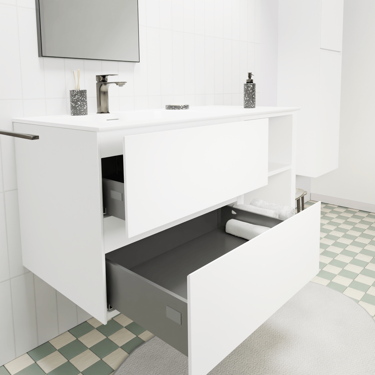Storke Edge meuble salle de bains suspendu 110 x 52 cm blanc mat avec Mata plan vasque asymétrique à gauche en solid surface blanc mat