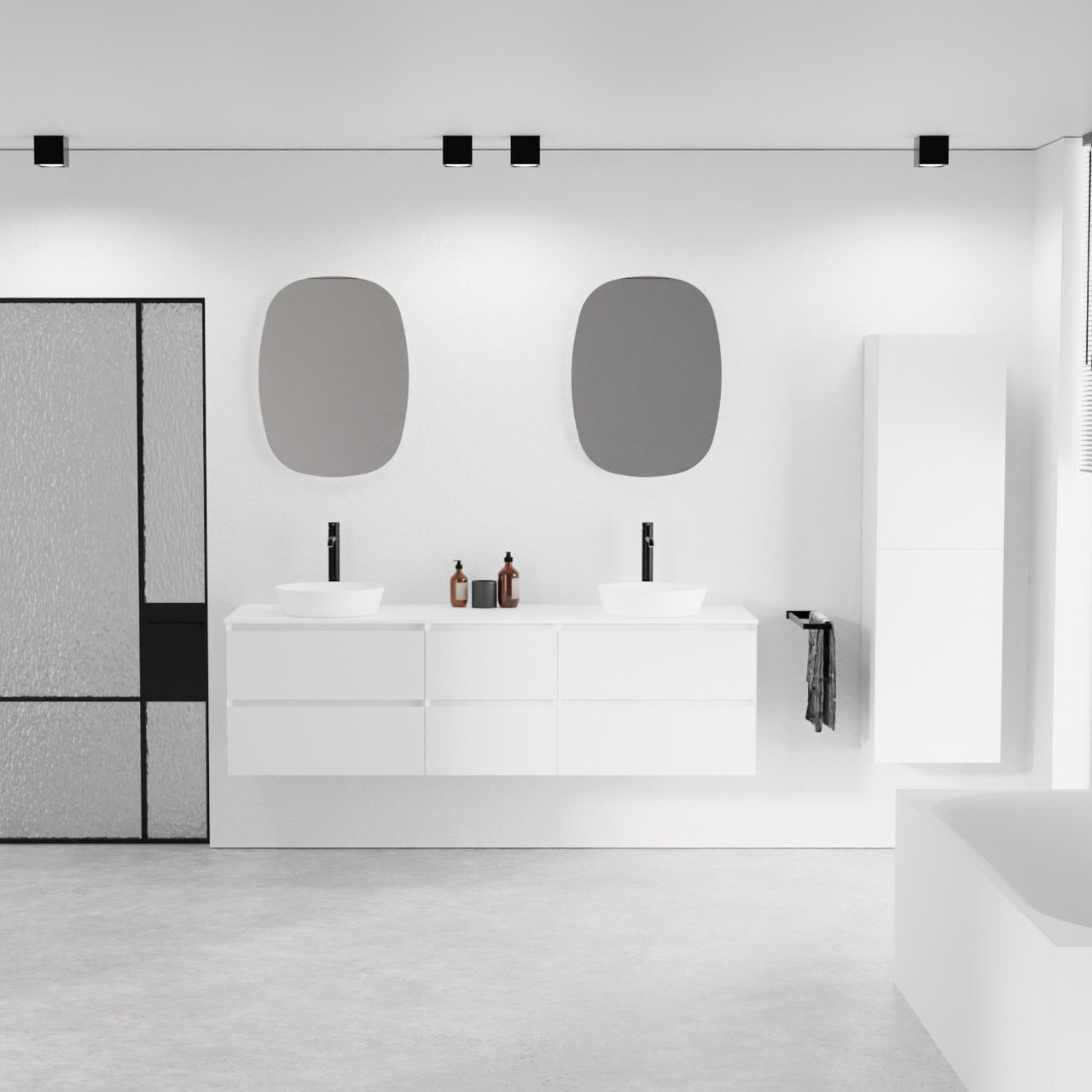 Balmani Mitra meuble salle de bains suspendu 180 x 55 cm blanc mat avec Stretto tablette simple ou double en solid surface blanc mat