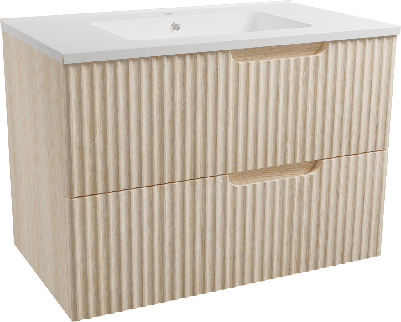 Linie Ribbo meuble salle de bains suspendu 80 x 46 cm chêne clair avec Vano plan simple en marbre composite blanc mat, Nervure circulaire symétrique verticale