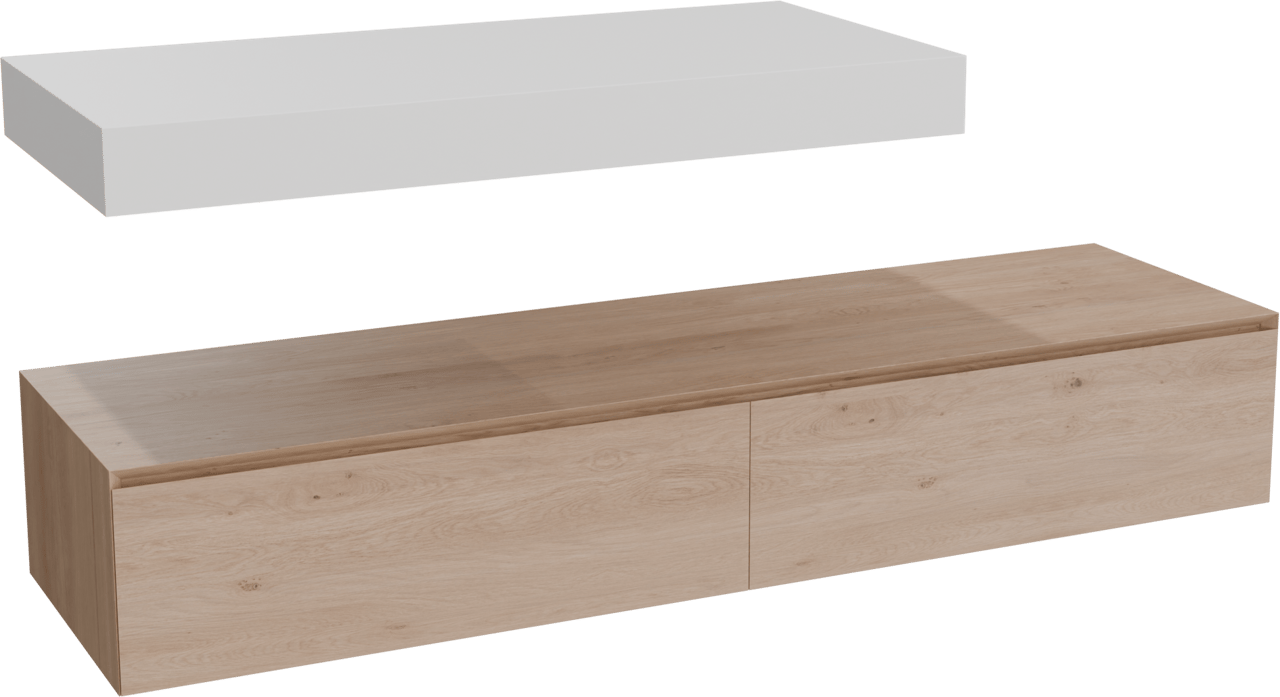 Balmani Mitra Elements meuble salle de bains suspendu 180 x 55 cm chêne naturel avec Modus tablette simple ou double 120 cm en solid surface blanc mat
