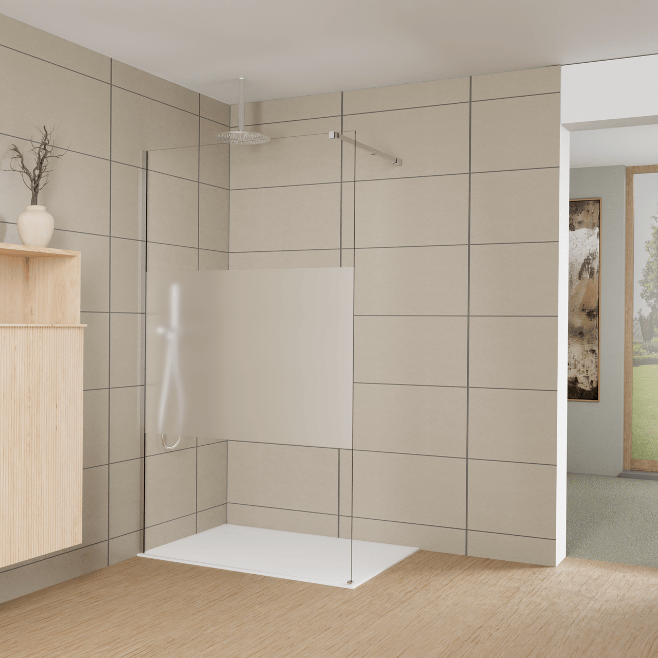 Balmani Modular Walk-In Dusche: 120 x 200 cm, Klarglas mit mattiertem Streifen, Profil Chrom glänzend