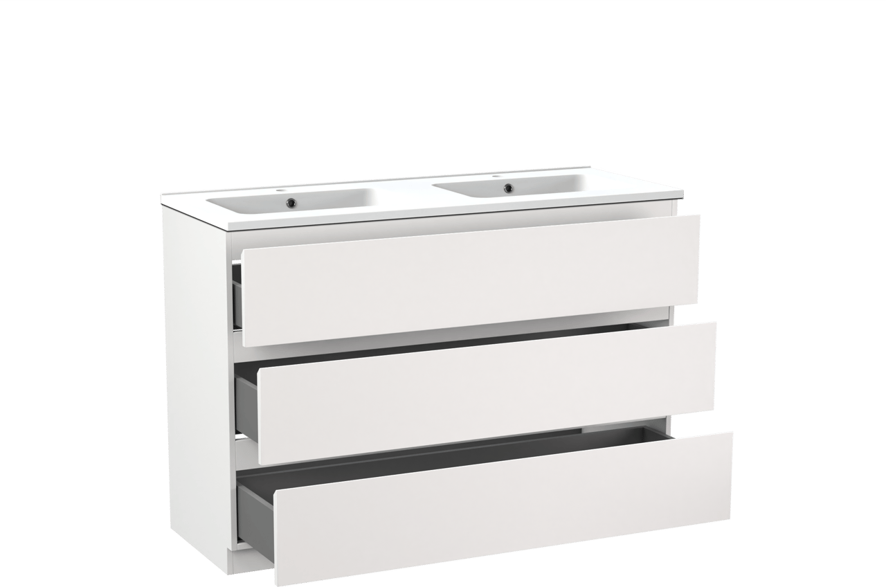 Linie Lado meuble salle de bains à poser 120 x 46 cm blanc mat avec Vano double vasque en marbre composite blanc mat