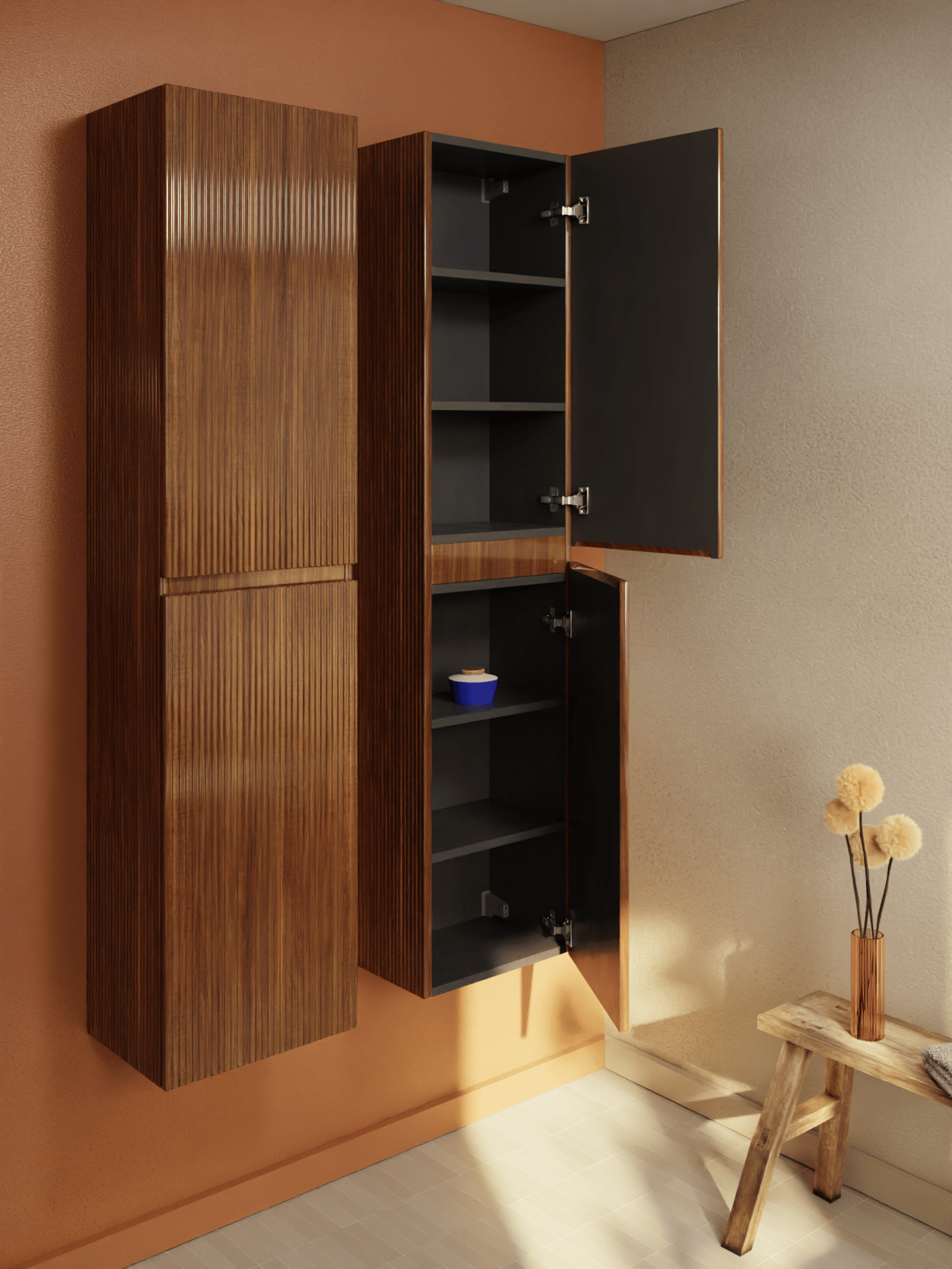 Storke Ribs zwevende badkamerkast notelaar 40 x 30 x 170 cm