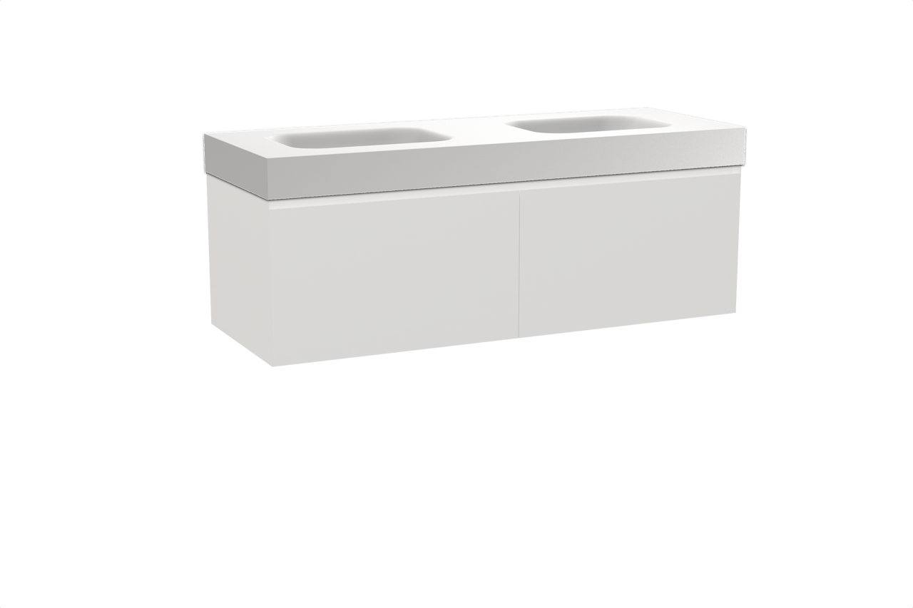 Balmani Idra hängendes Möbelstück Set: 150 x 55 cm, Weiß matt, mit Arcato Doppelwaschtisch, Solid Surface Weiß matt