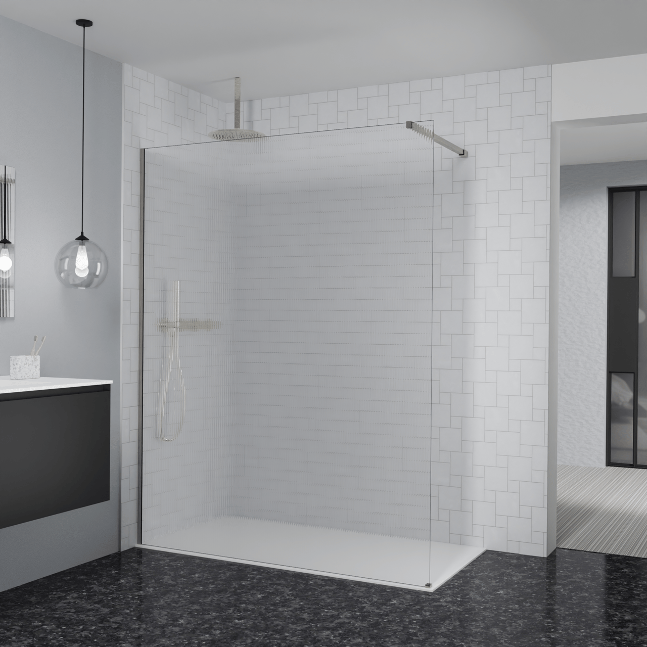 Balmani Modular Walk-In Dusche: 160 x 200 cm, Ribs, inklusive Coating, Profil Brushed CoolMetal