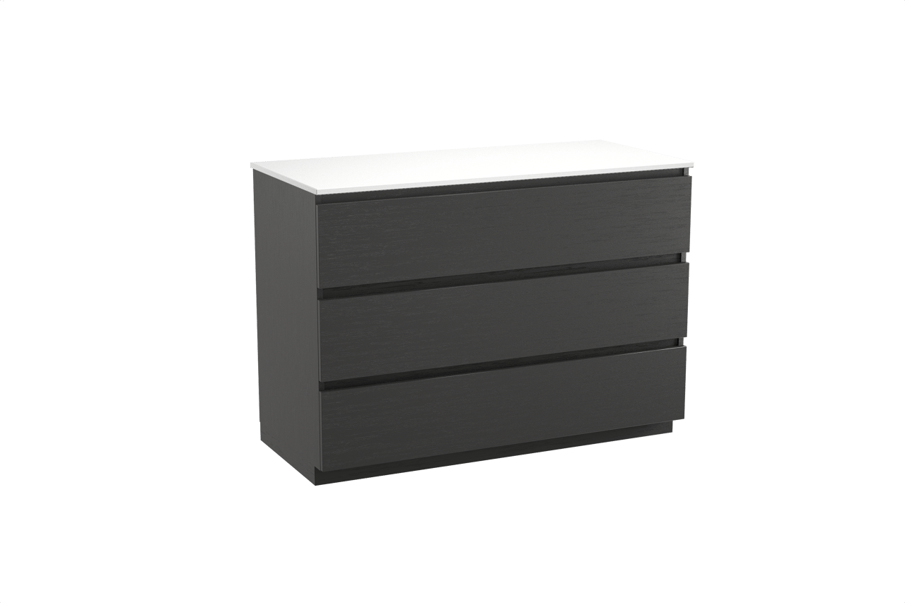 Balmani Lucida freistehendes Möbelstück Set: 120 x 55 cm, Schwarze Eiche, mit Stretto Einzel- oder Doppel Waschtischplatte, Solid Surface Weiß matt