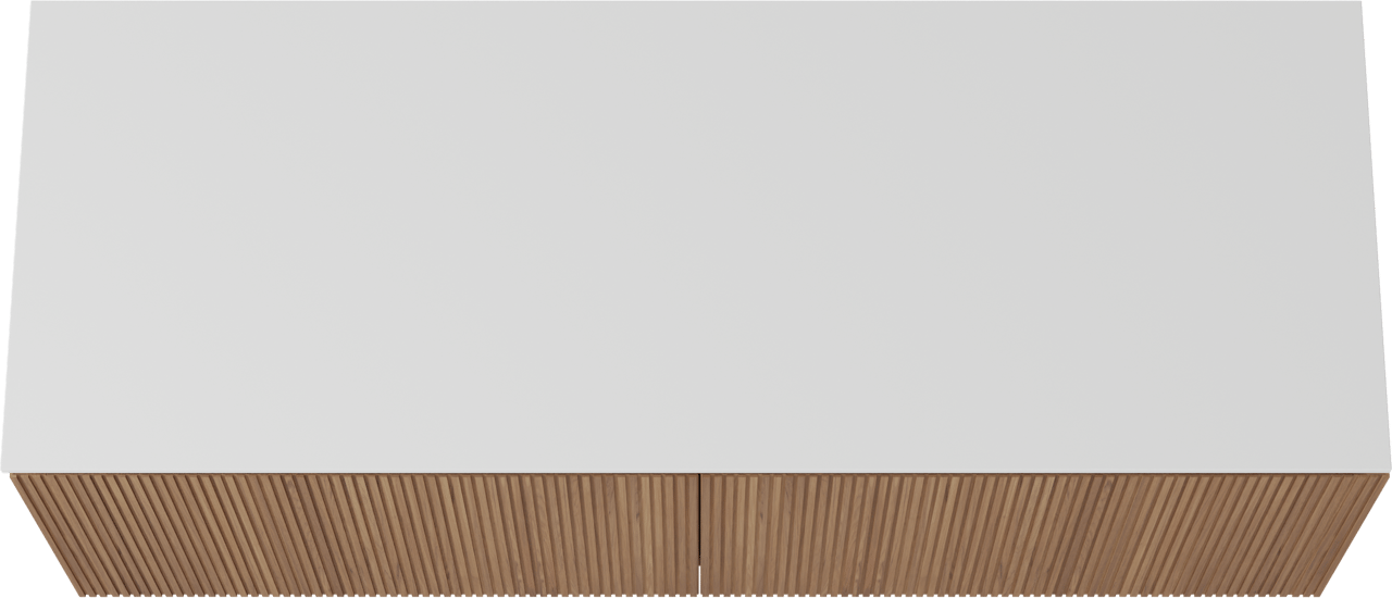 Balmani Eclips hängendes Möbelstück Set: 150 x 55 cm, Teak, mit Stretto Einzel- oder Doppel Waschtischplatte Solid Surface Weiβ matt, Vertikale symmetrische gerade Rippe