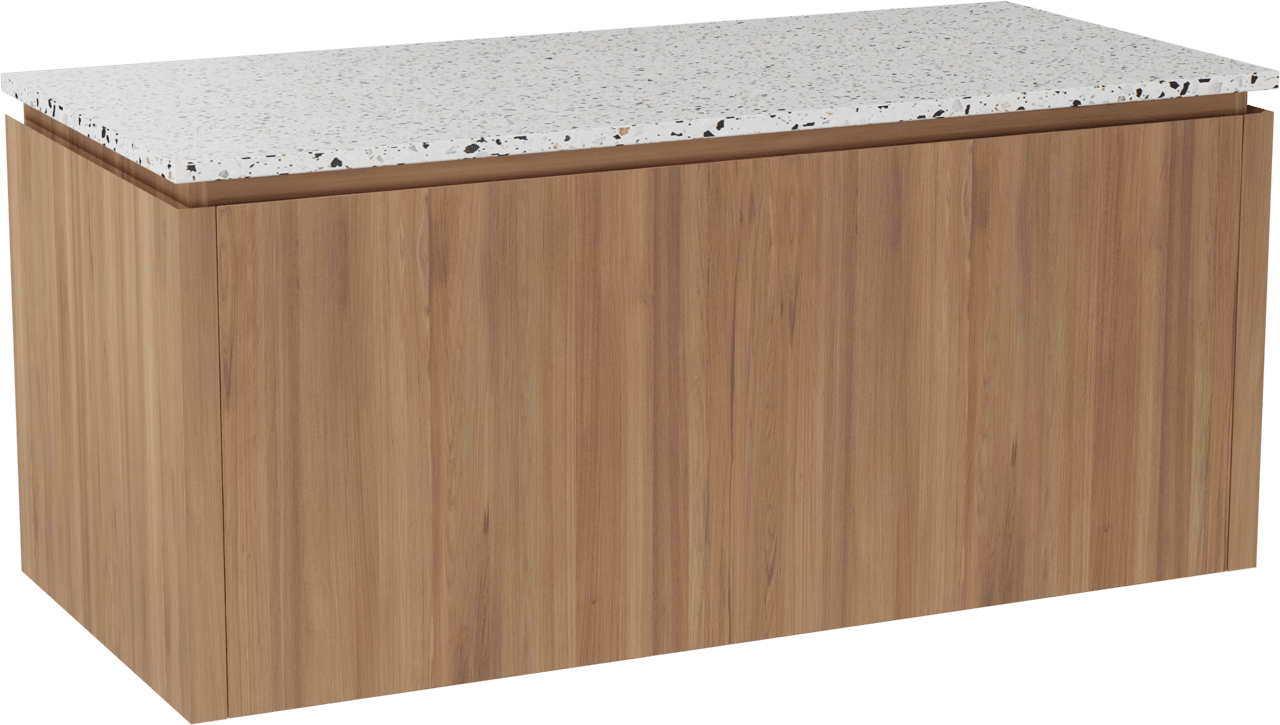 Balmani Eclips hängendes Möbelstück Set: 120 x 55 cm, Teak, mit Stretto Einzel- oder Doppel Waschtischplatte Bianco Nero Terrazzo