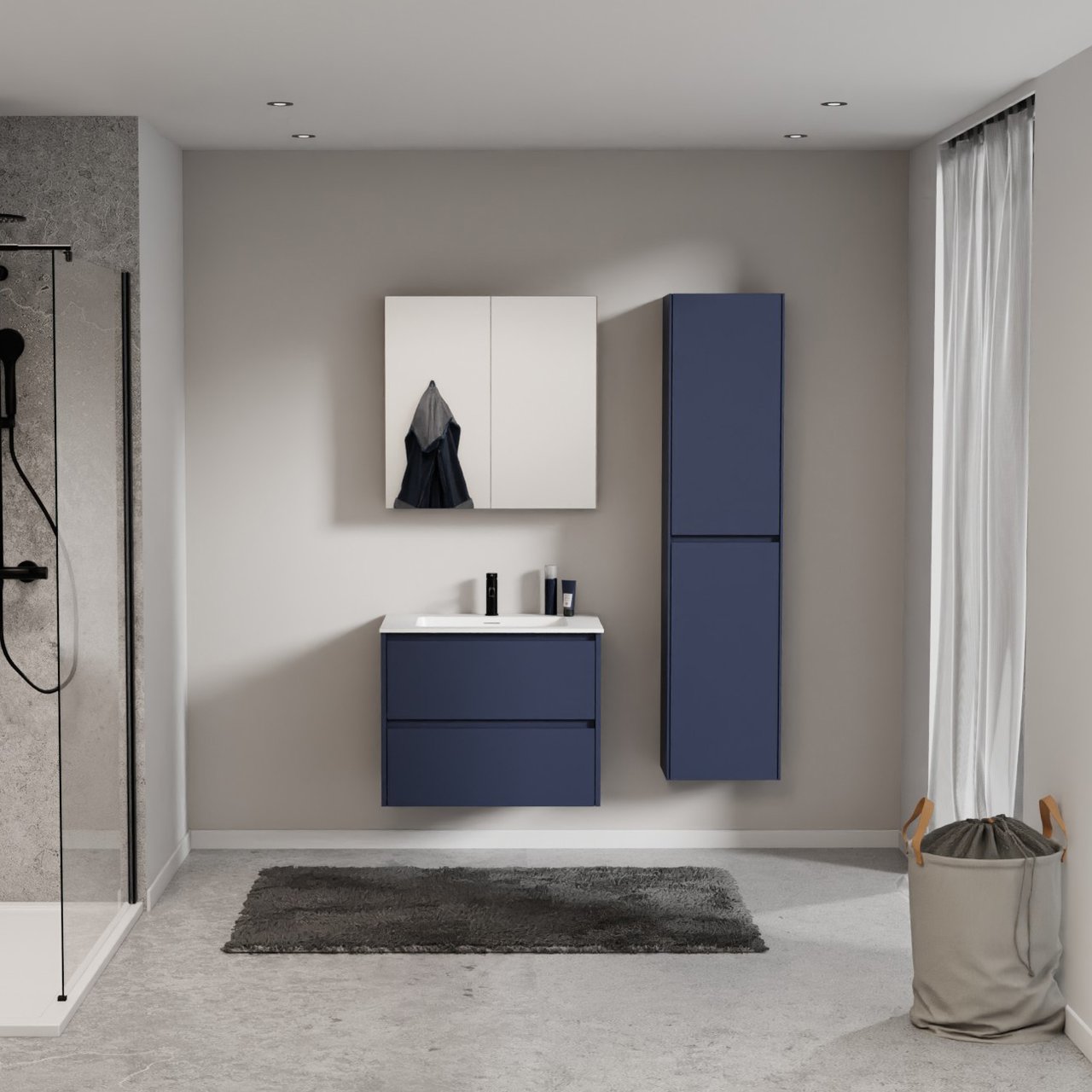 Storke Seda meuble salle de bains suspendu 75 x 52 cm bleu nuit avec Mata plan simple en solid surface blanc mat