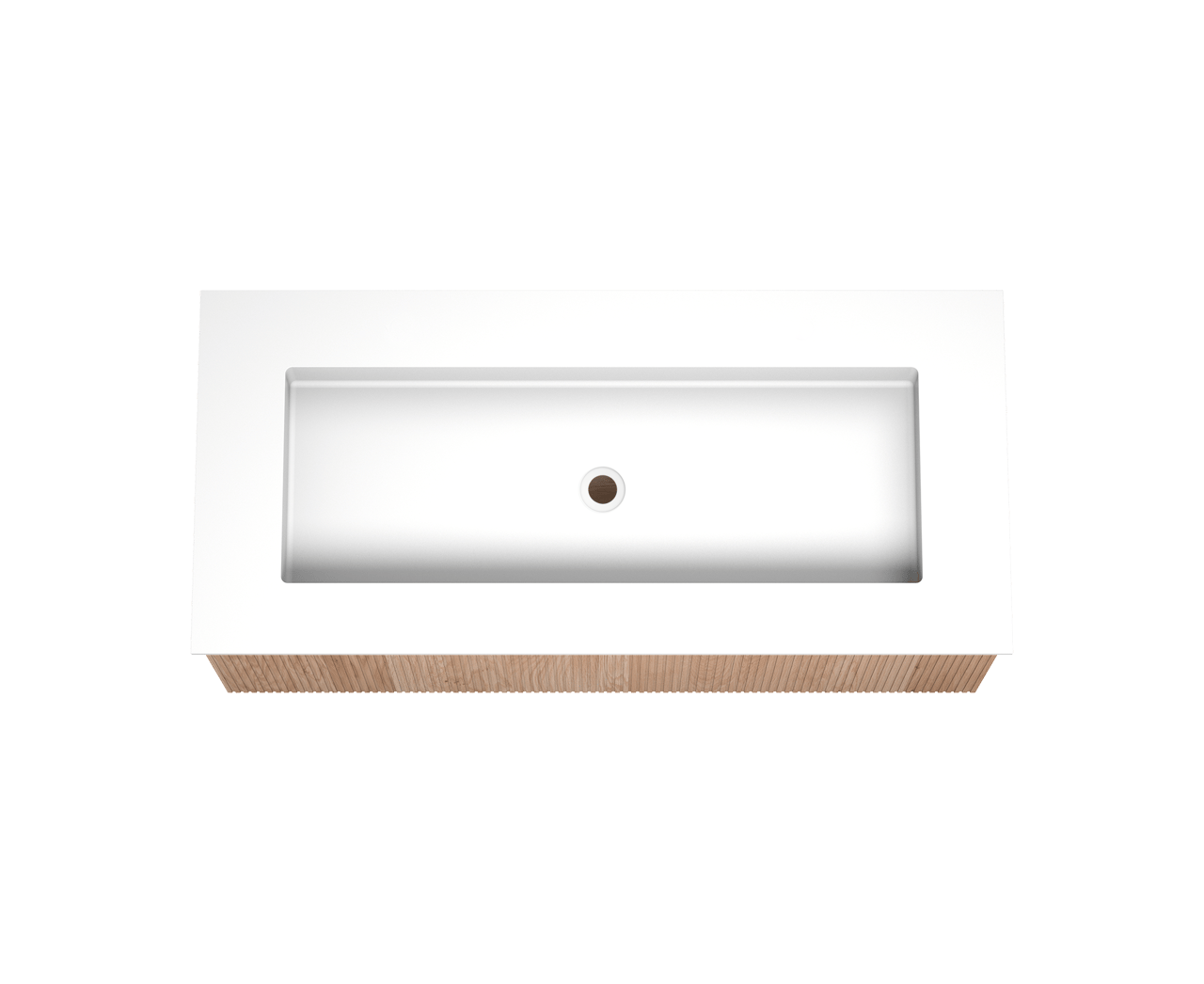 Balmani Forma hängendes Möbelstück Set: 120 x 55 cm, Naturbelassene Eiche, mit Tablo Stretto Einzelwaschtisch für 2 Armaturenlöcher, Solid Surface, Weiß matt, Vertikale symmetrische gerade Rippe