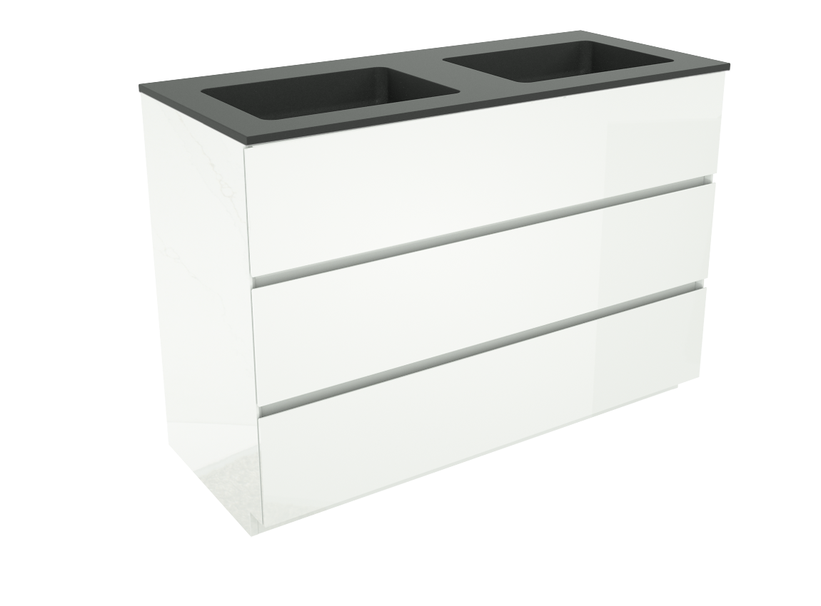 Storke Edge meuble salle de bains à poser 120 x 52 cm blanc brillant avec Scuro double vasque en quartz noir mat