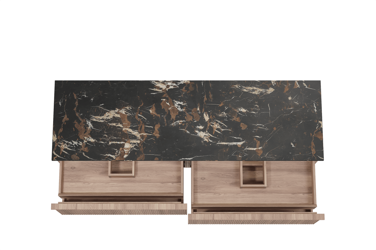 Balmani Forma hängendes Möbelstück Set: 180 x 55 cm, Teak, mit Stretto Einzel- oder Doppel Waschtischplatte, Marmor, Portoro Gold, Vertikale symmetrische gerade Rippe