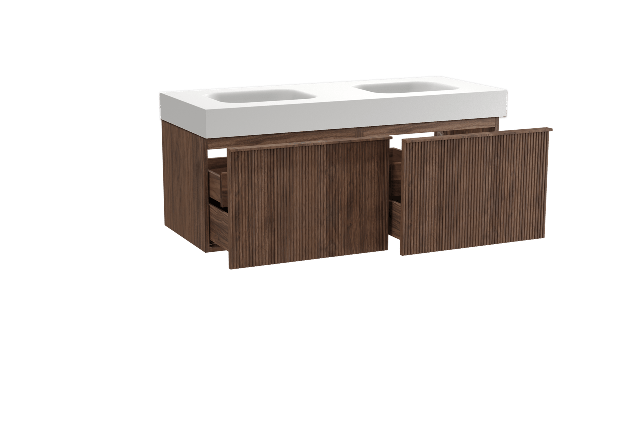 Balmani Forma zwevend badkamermeubel 135 x 55 cm amerikaanse notelaar met Arcato dubbele wastafel in solid surface mat wit, Verticale symmetrische rechte ribbel