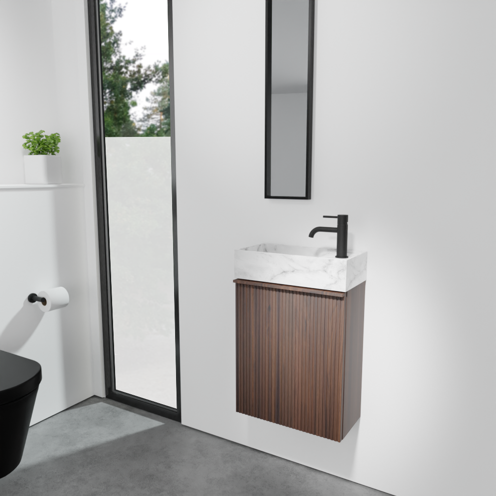 Balmani Forma meuble wc suspendu 42 x 21 cm noyer américain avec Dama plan vasque en marbre carrare