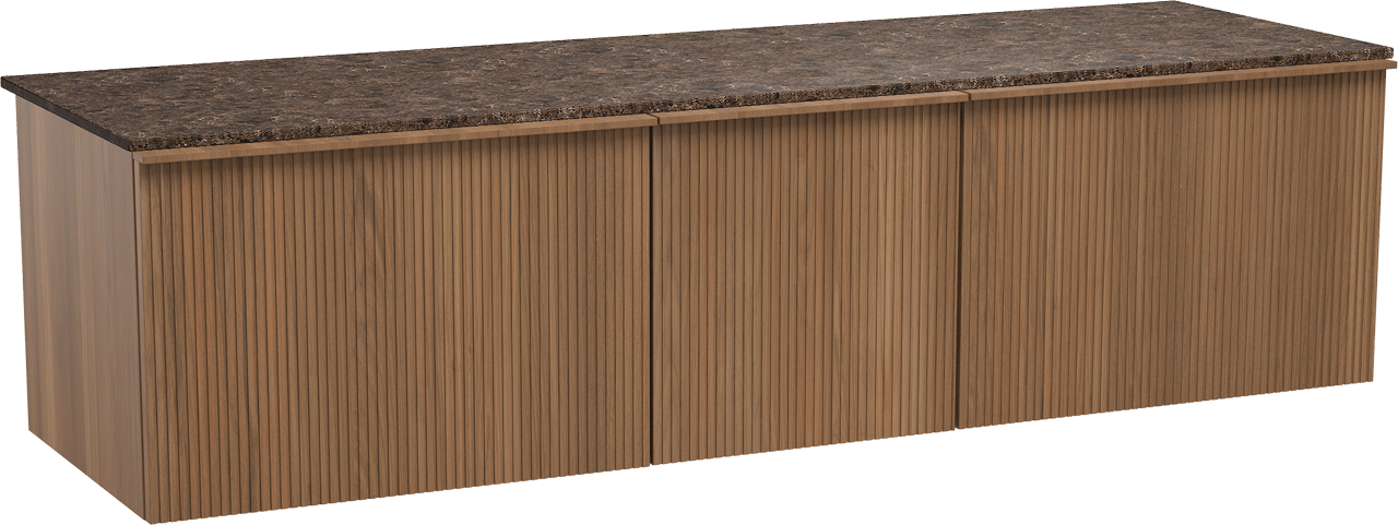 Balmani Forma zwevend badmeubel 180 x 55 cm teakhout met Stretto enkel of dubbel wastafelblad in marmer dark emperador, Verticale symmetrische rechte ribbel
