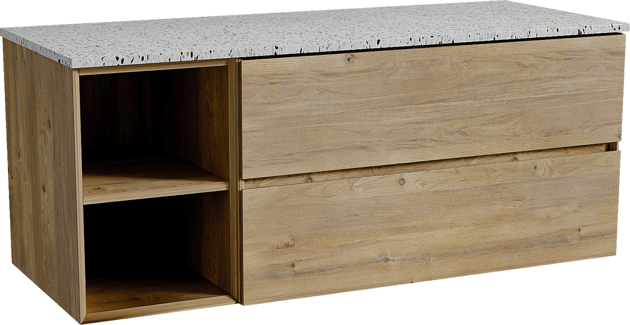 Storke Edge zwevend badkamermeubel 130 x 52 cm ruwe eik met Tavola enkel of dubbel tablet in mat wit/zwart terrazzo