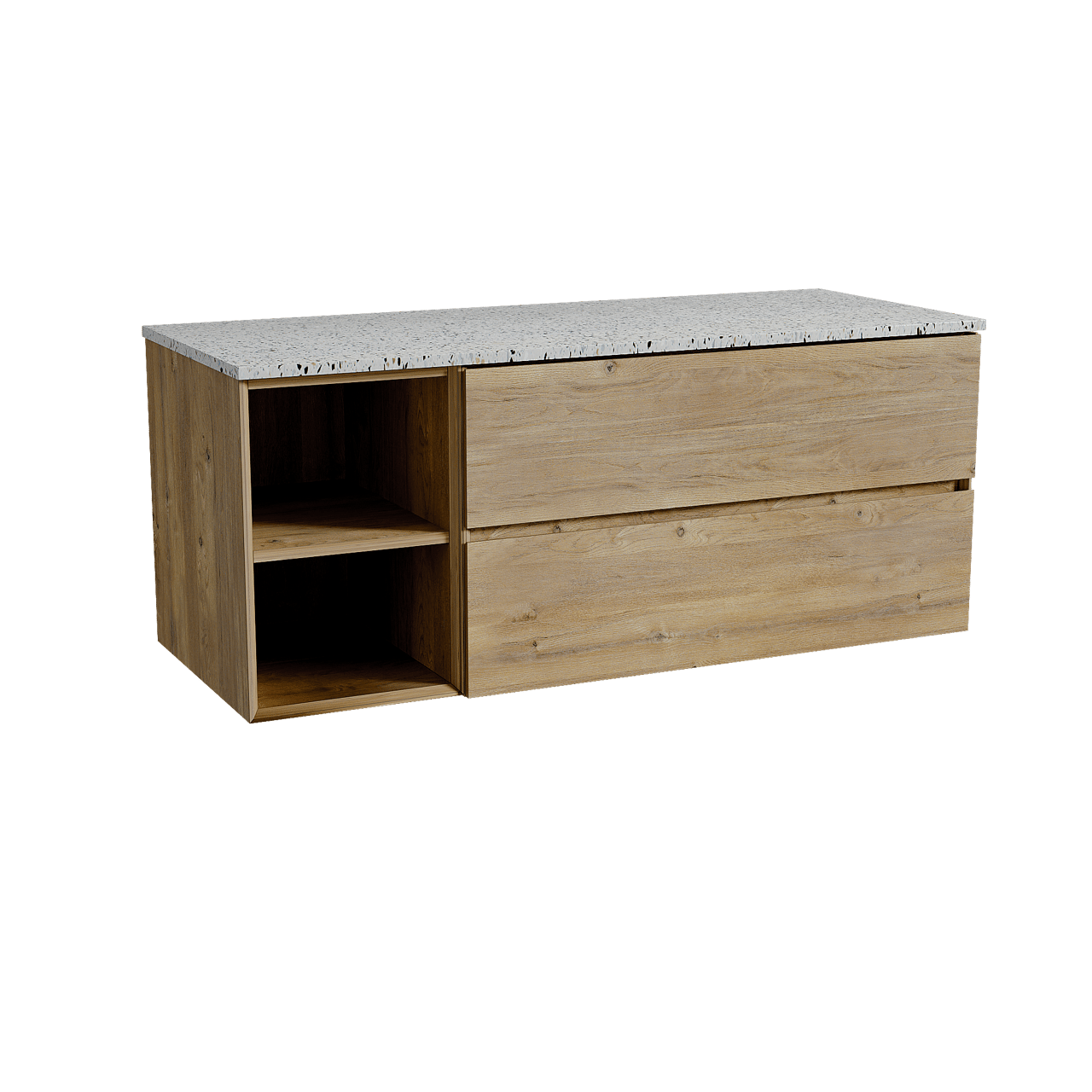 Storke Edge meuble salle de bains suspendu 130 x 52 cm chêne brut avec Tavola tablette simple ou double en blanc/noir mat terrazzo