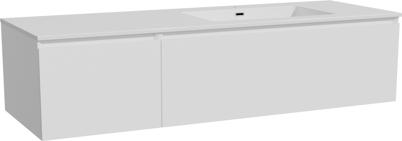 Storke Edge zwevend badmeubel 150 x 52 cm mat wit met Diva asymmetrisch rechtse wastafel in composietmarmer hoogglans wit