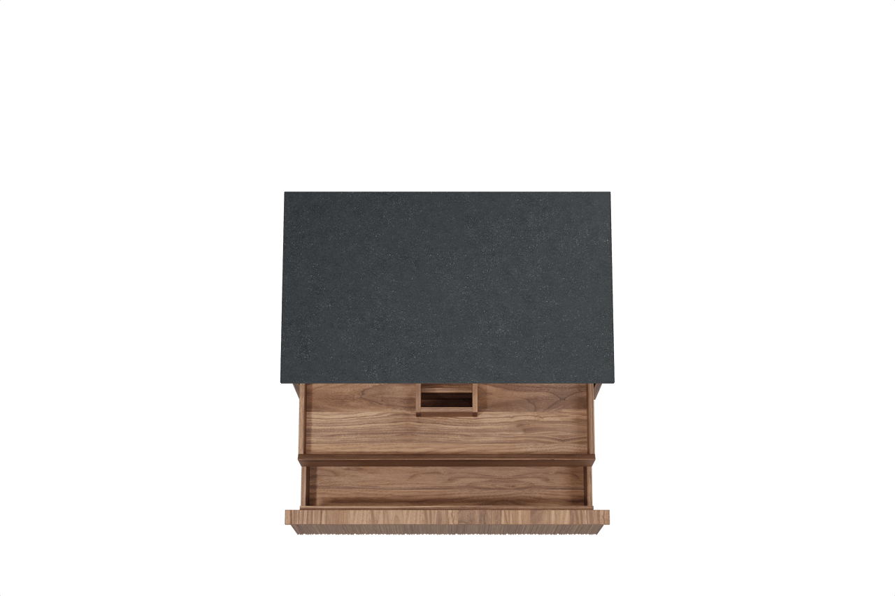 Balmani Forma hängendes Möbelstück Set: 90 x 55 cm, Amerikanischer Nussbaum, mit Stretto Einzel Waschtischplatte, Granit, Schwarzes Granit, Vertikale asymmetrische Runde Rippe