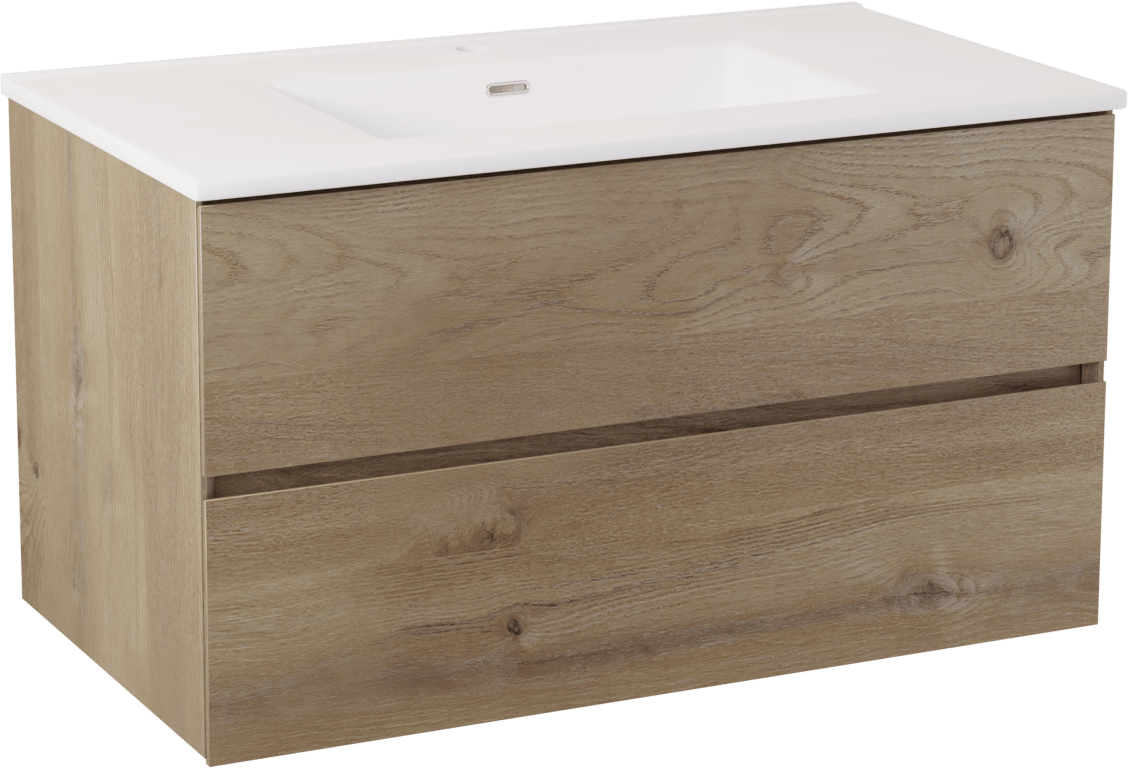 Storke Edge meuble salle de bains suspendu 95 x 52 cm chêne brut avec Kera plan simple en céramique blanc mat, crépine incluse