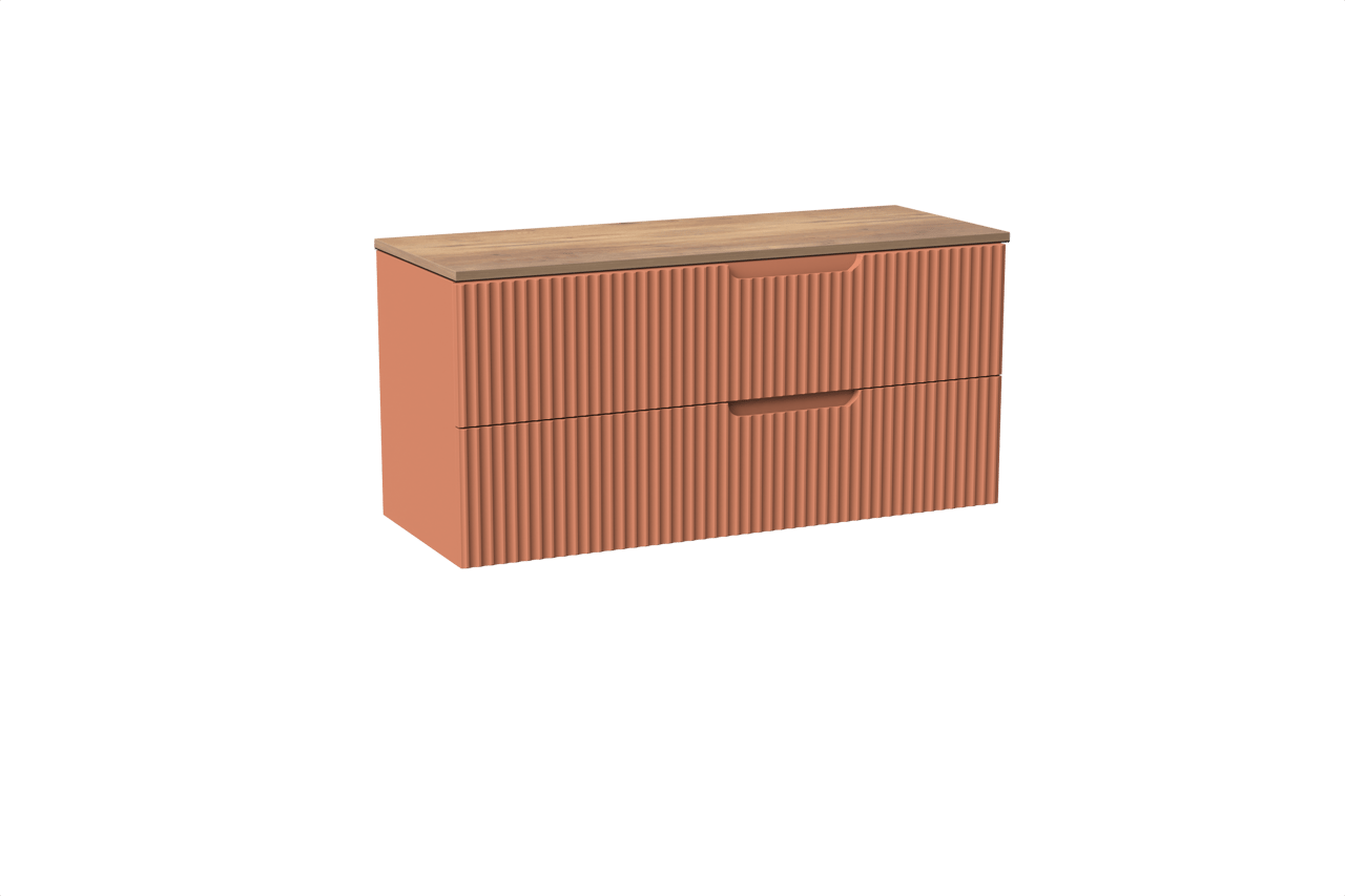 Linie Ribbo hängendes Möbelstück Set: 120 x 46 cm, Cotto, mit Lado Einzel- oder Doppel Waschtischplatte, Melamin, Naturbelassene Eiche, Vertikale symmetrische runde Rippe