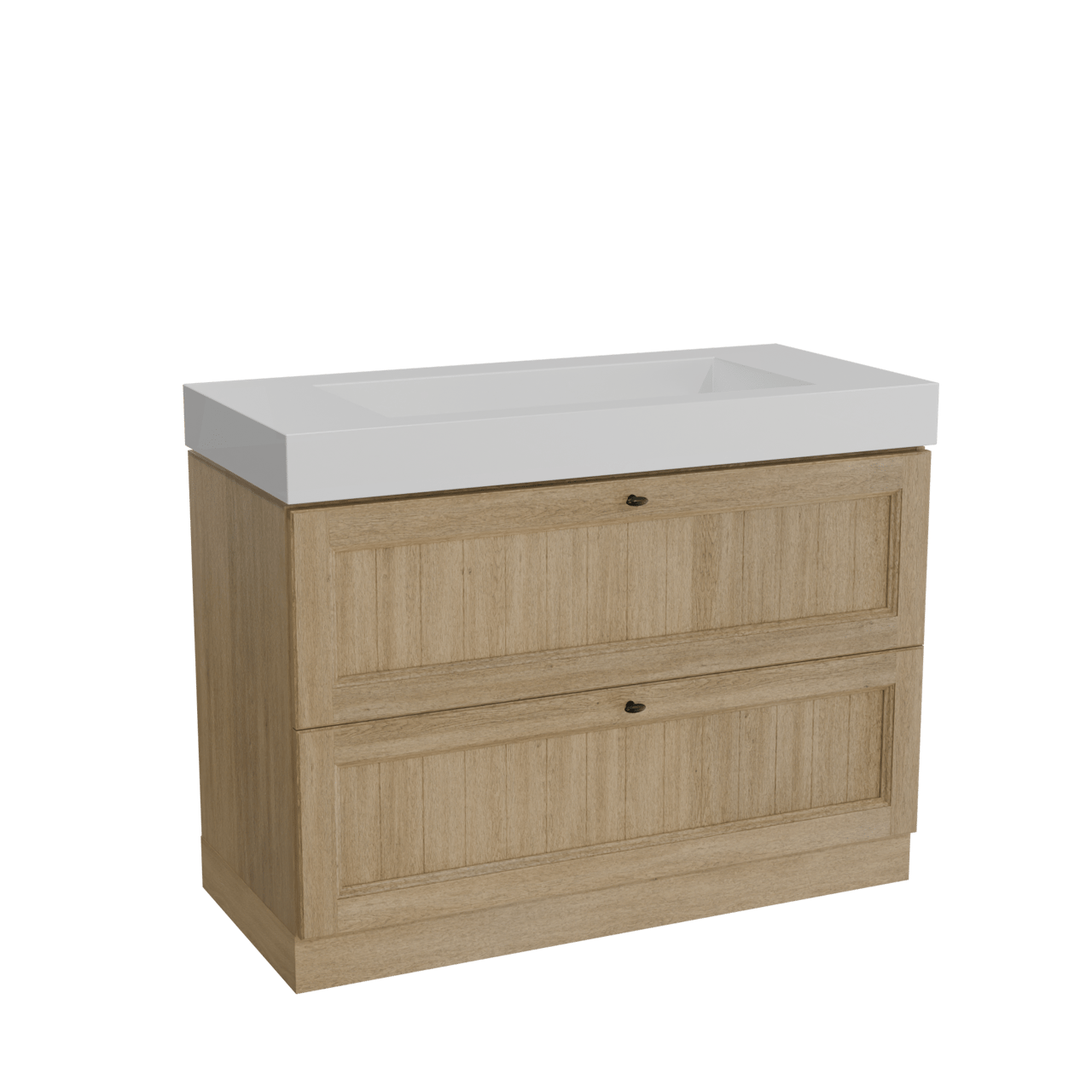 Balmani Lemon freistehendes Möbelstück Set: 120 x 55 cm, Verwitterte Eiche, mit Modus Einzelwaschtisch für 2 Armaturenlöcher, Solid Surface Weiß matt