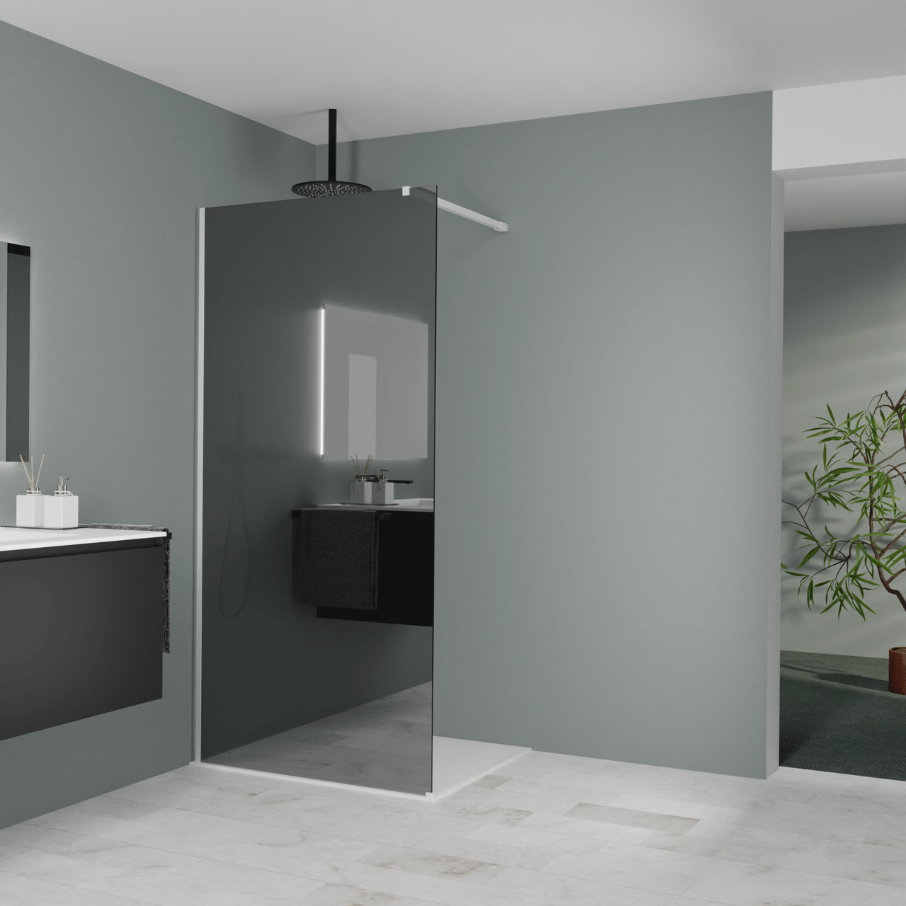 Balmani Modular Walk-In Dusche: 100 x 200 cm, Reflex-Spiegelglas, Profil Weiß matt