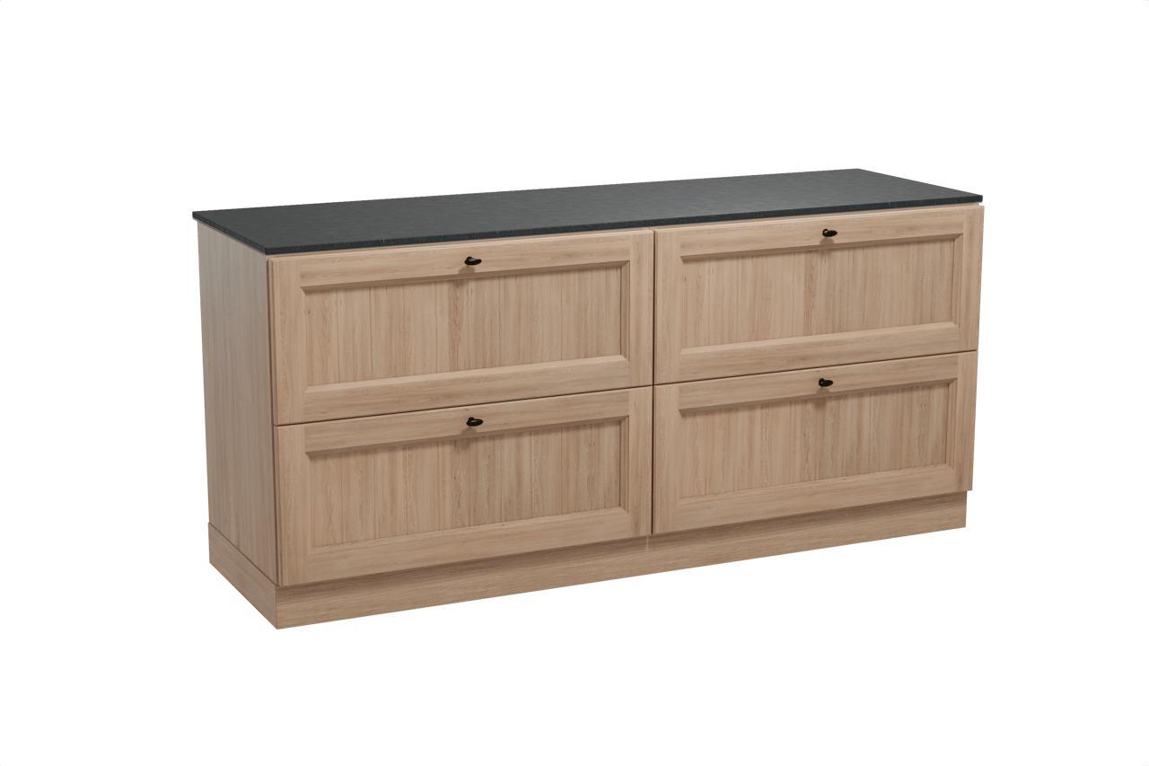 Balmani Lemon freistehendes Möbelstück Set: 180 x 55 cm, Verwitterte Eiche, mit Stretto Einzel- oder Doppel Waschtischplatte, Schwarzes Granit