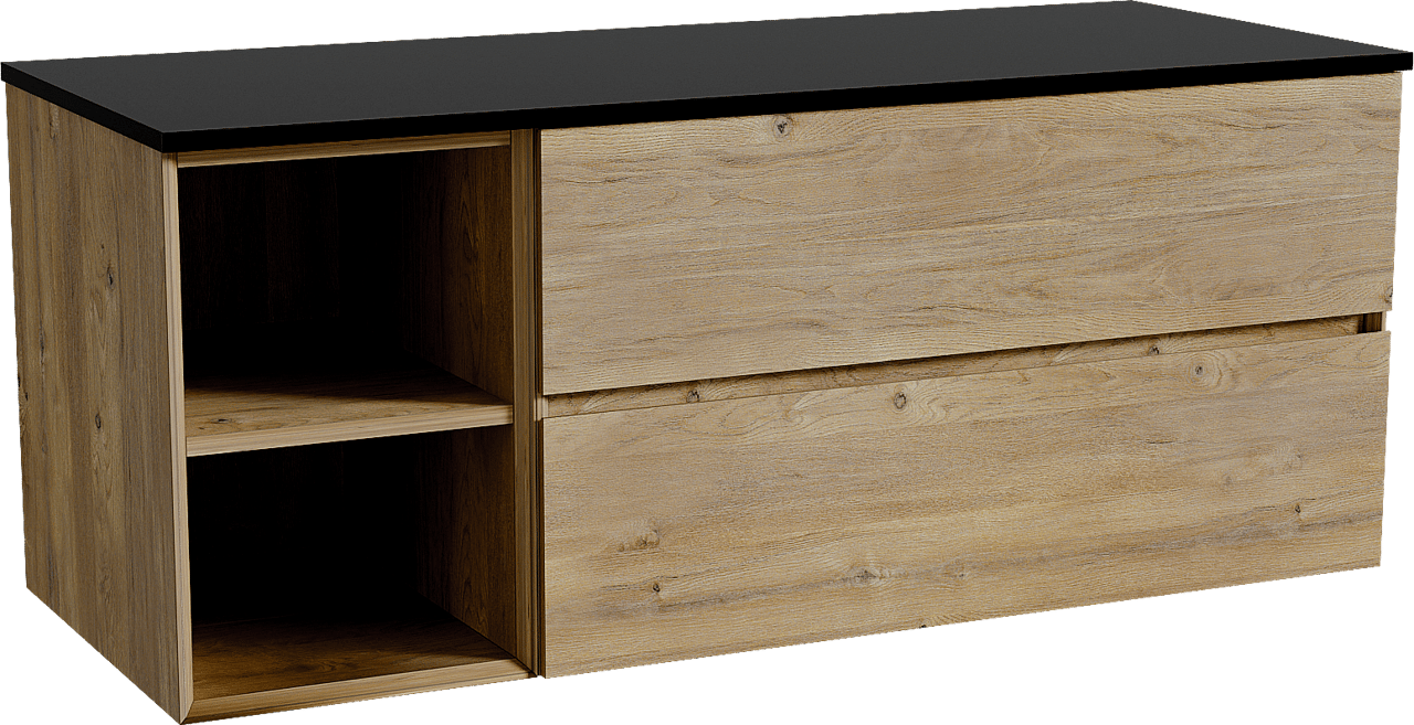 Storke Edge zwevend badkamermeubel 130 x 52 cm ruwe eik met Panton enkel of dubbel tablet in gepoedercoate mdf mat zwart