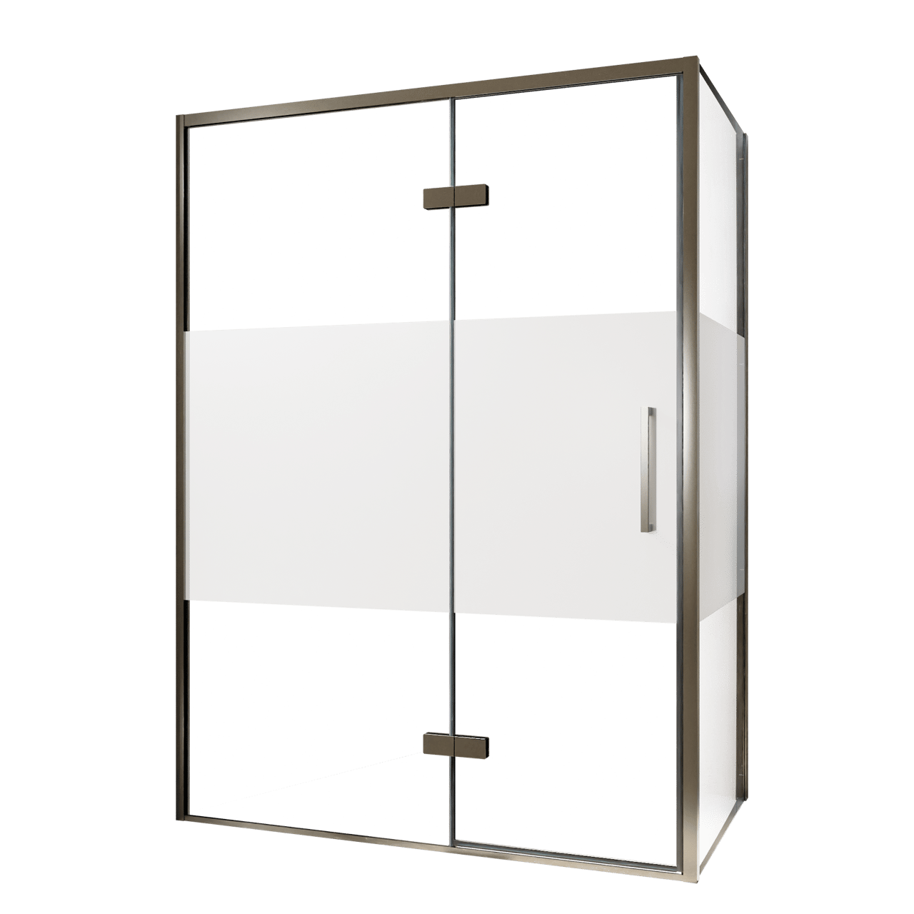 Balmani Senses Design Eckdusche: Drehtür (Links) mit fixierte Seitenwand, 140 x 100 cm, Klarglas mit mattiertem Streifen, Profil Brushed GunMetal
