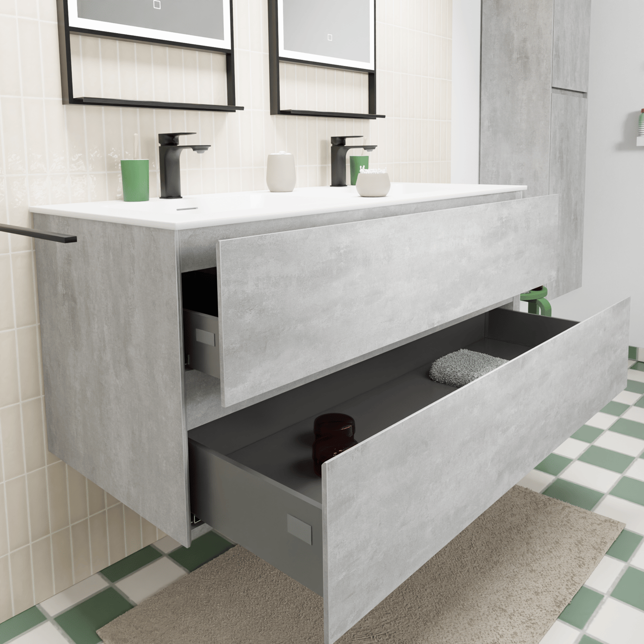 Storke Edge meuble salle de bains suspendu 120 x 52 cm béton gris foncé avec Mata double vasque en solid surface blanc mat