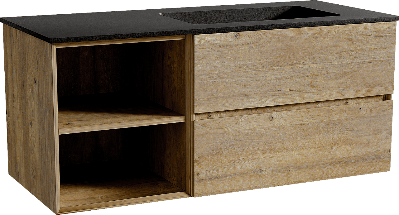 Storke Edge hängendes Möbelstück Set: 120 x 52 cm, Rohe Eiche, mit Scuro Waschtisch rechts, Quarz Schwarz matt