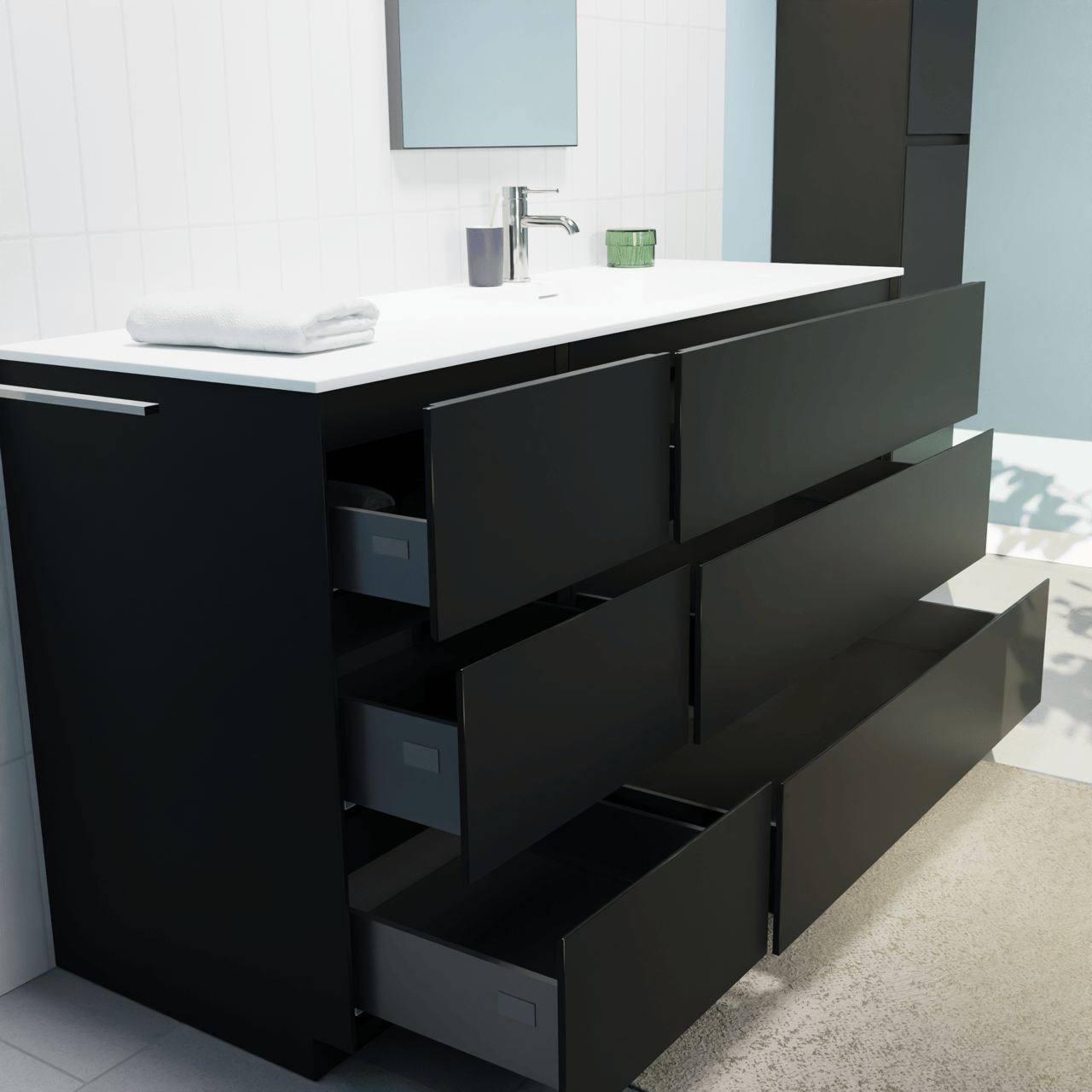 Storke Edge freistehendes Möbelstück Set: 150 x 52 cm, Schwarz matt, mit Mata Waschtisch rechts, Solid Surface Weiß matt