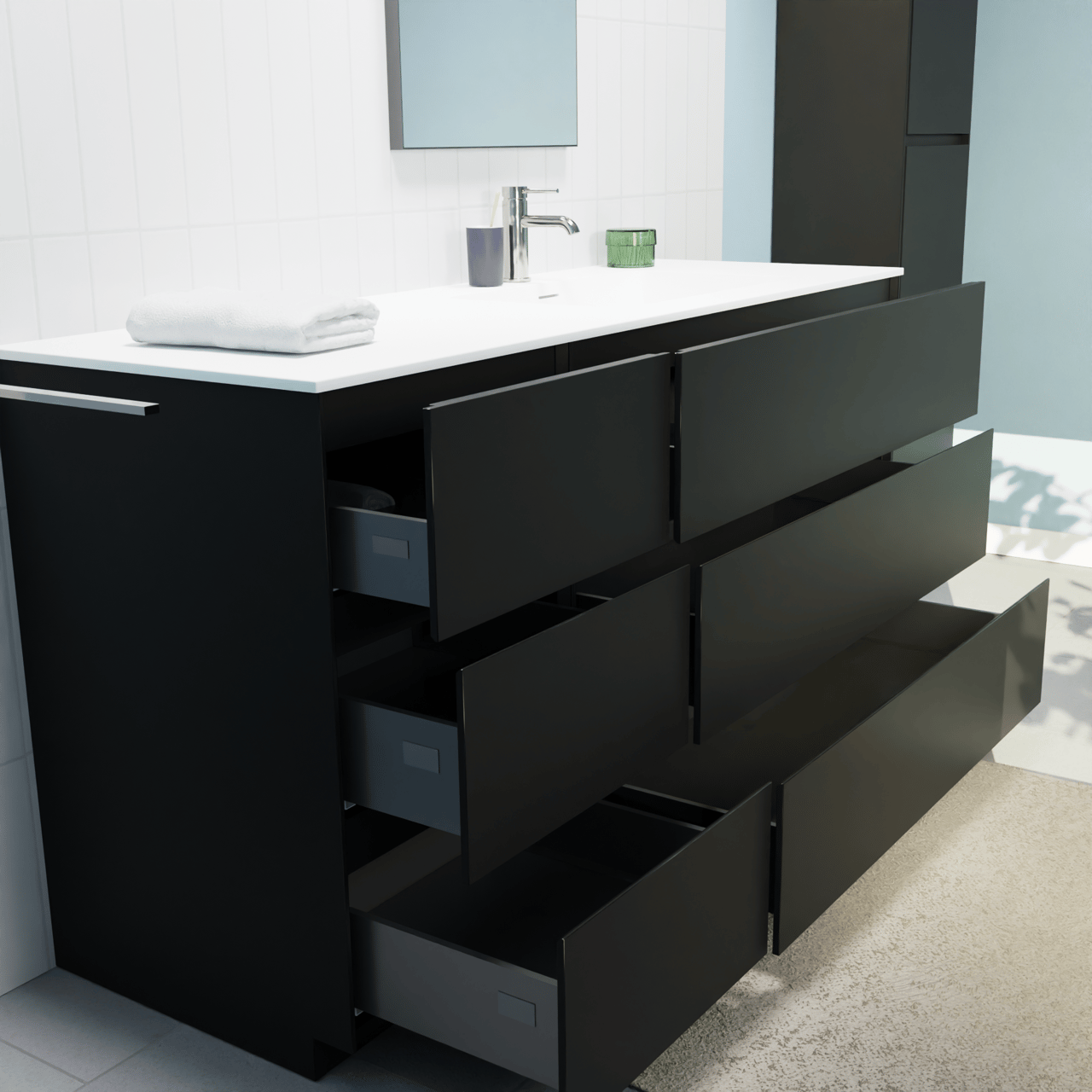 Storke Edge staand badmeubel 150 x 52 cm mat zwart met Mata asymmetrisch rechtse wastafel in solid surface mat wit