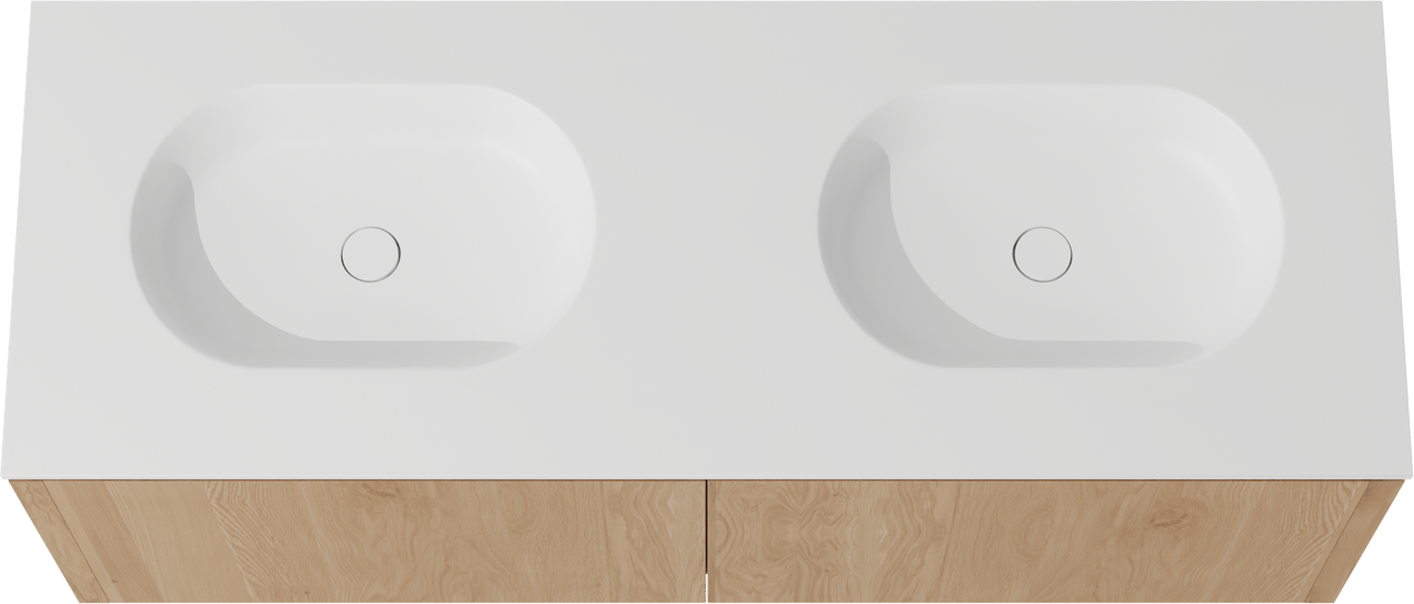 Balmani Eclips meuble salle de bains suspendu 150 x 55 cm Chêne naturelle avec Tablo Oval double vasque en Solid Surface blanc mat