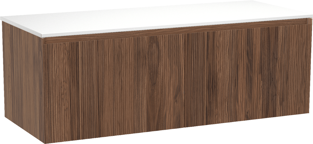 Balmani Fila meuble salle de bains suspendu 135 x 55 cm noyer avec Stretto tablette simple ou double en solid surface blanc mat, Nervure droite symétrique verticale