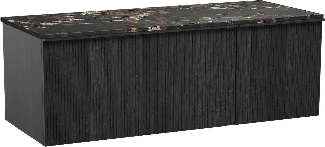 Balmani Forma zwevend badkamermeubel 135 x 55 cm zwarte eik met Stretto enkel of dubbel tablet in marmer portoro gold, Verticale symmetrische rechte ribbel