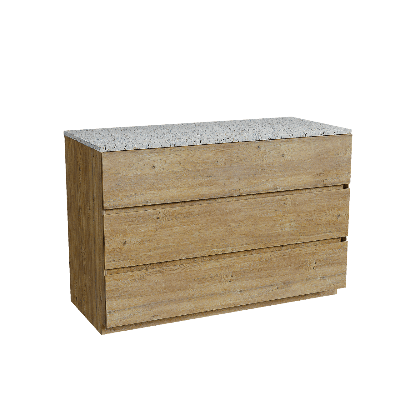 Storke Edge freistehendes Möbelstück Set: 120 x 52 cm, Rohe Eiche, mit Tavola Einzel- oder Doppel Waschtischplatte, Terrazzo in Weiß/Schwarz matt