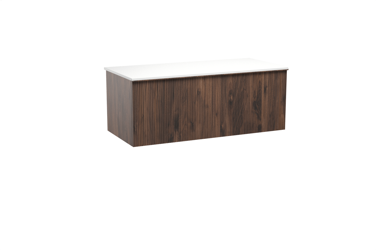 Balmani Forma zwevend badkamermeubel 120 x 55 cm amerikaanse notelaar met Stretto enkel of dubbel tablet in solid surface mat wit, Verticale symmetrische rechte ribbel