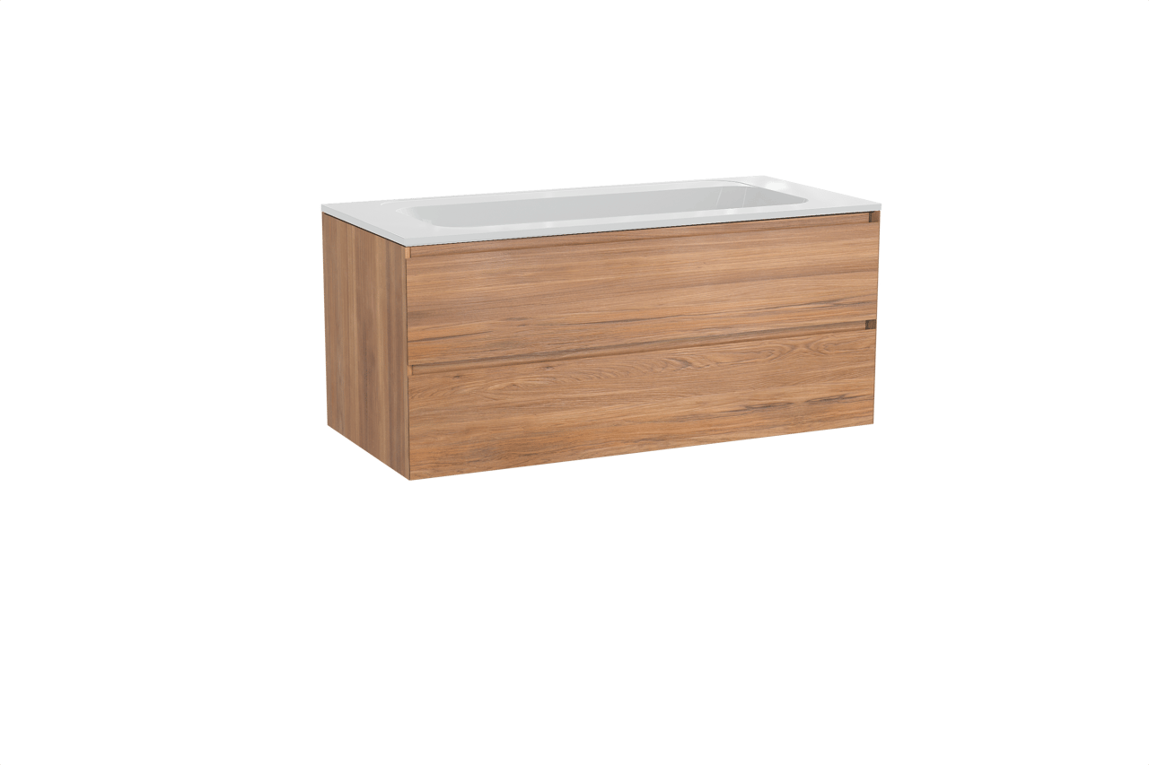 Balmani Mitra zwevend badkamermeubel 120 x 55 cm teak met Tablo Strada enkele wastafel in composietmarmer glanzend wit